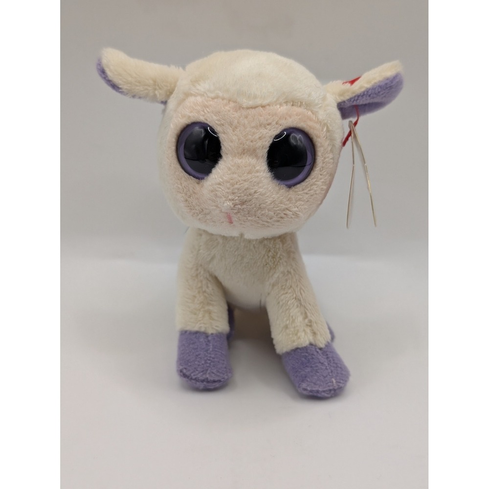 Ty Basket Beanies Lily the Lamb Plush Purple Eyes Sheep 2011 Cream 4 inch